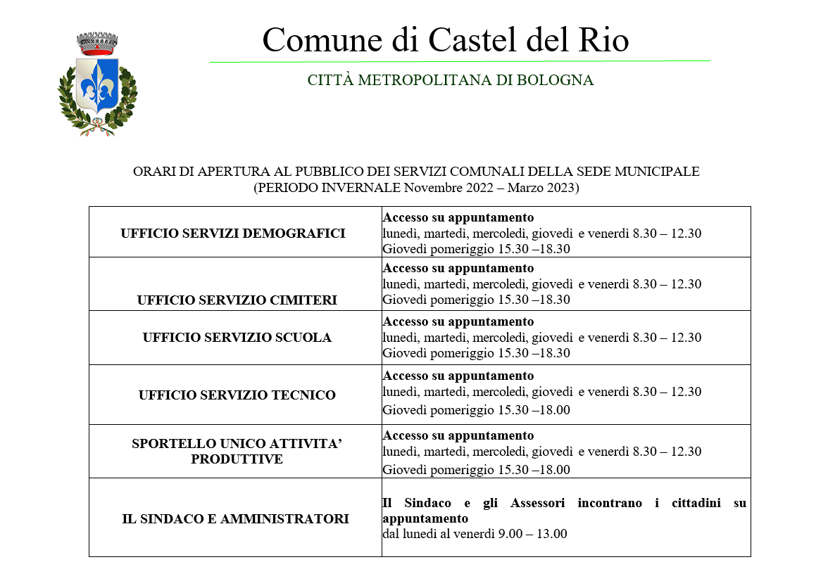 Nuovi orari di apertura al pubblico degli uffici comunali